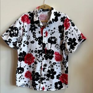 Red and Black Casual Button Down Shirt with Artistic Floral Design